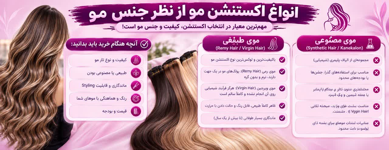 انواع اکستنشن مو از نظر جنس مو انواع اکستنشن مو از نظر جنس مو